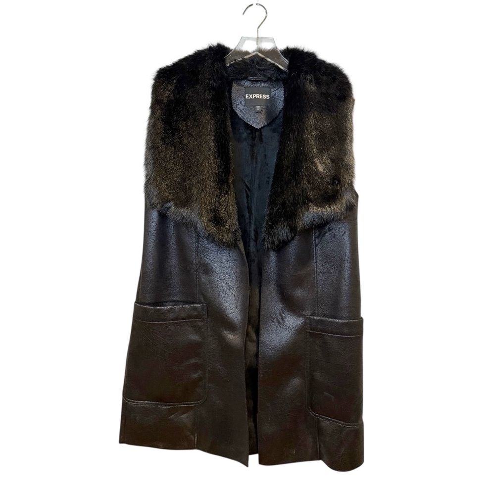 Express Black Faux Fur Oversized Collar Long Line Crackle Sueded Vest Sz L - Picture 15 of 15